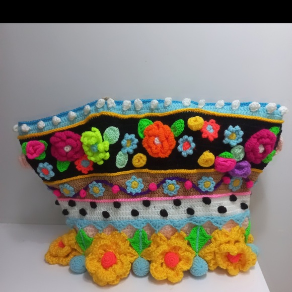 NEW UNIQUE HANDMADE CROCHET FLOWER COLORFUL SUMMER POK A DOT YELLOW PINK  BAG - Picture 3 of 3
